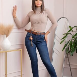 Blugi dama conici, talie inalta, albastru clasic cu curea ,   Kylie