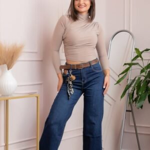 Blugi dama wide leg, talie inalta, albastru clasic cu curea ,   Britney