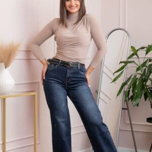 Blugi dama wide leg, talie inalta, albastru clasic washed cu curea cu tinte ,   Britney