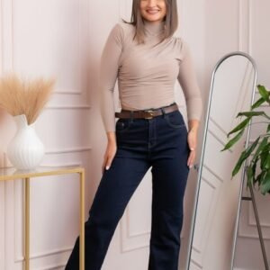 Blugi dama wide leg, talie inalta, albastru indigo cu curea ,   Britney