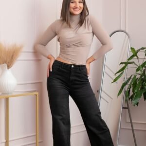 Blugi dama wide leg, talie inalta, negru washed cu buzunar cu strasuri ,   Britney