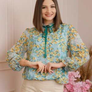 Bluza Madeline din voal cu maneci bufante - Bleu