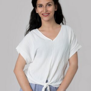Bluza alba casual cu aspect texturat si nod in talie