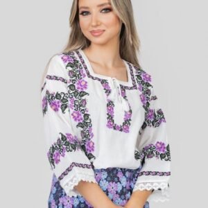 Bluza alba cu motiv floral mov Dalia 02