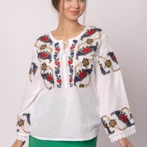 Bluza alba cu motiv floral multicolor Afrodita 01 - maneca lunga
