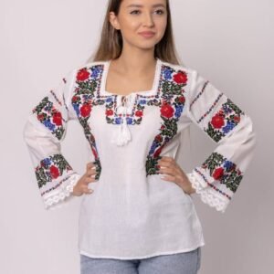 Bluza alba cu motiv floral multicolor Clarisa - maneca lunga