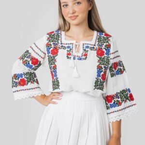 Bluza alba cu motiv floral multicolor Clarisa - maneca scurta