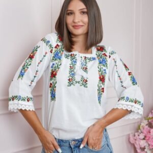 Bluza alba cu motiv floral multicolor Dalia 03 - maneca 3 4