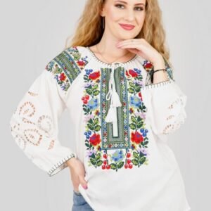 Bluza alba cu motiv floral multicolor Simona 01 - maneca lunga
