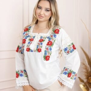 Bluza alba cu motiv floral rosu Adina 01 - maneca lunga