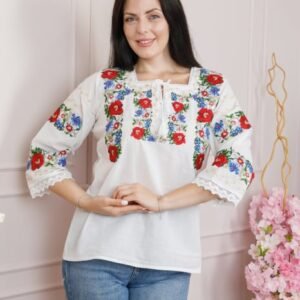 Bluza alba cu motiv floral rosu Adina 01 - maneca scurta