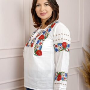 Bluza alba cu motiv floral rosu Adina 03