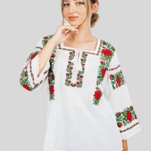 Bluza alba cu motiv floral rosu Anais