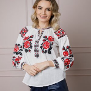 Bluza alba cu motiv floral rosu Angelina 01