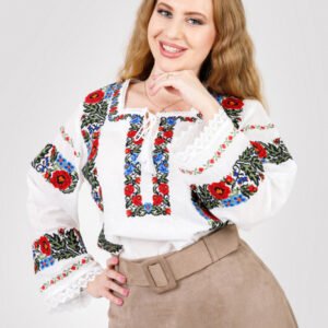 Bluza alba cu motiv floral rosu Eliana