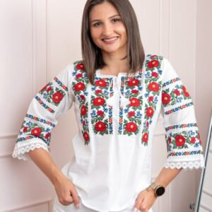 Bluza alba cu motiv floral rosu Fabiana 02