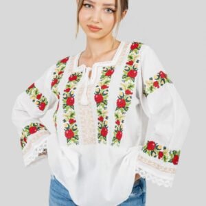 Bluza alba cu motiv floral rosu Iustina