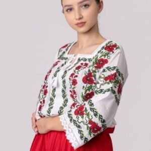 Bluza alba cu motiv floral rosu Luana