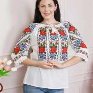 Bluza alba cu motiv floral rosu Valentina 01 - maneca scurta