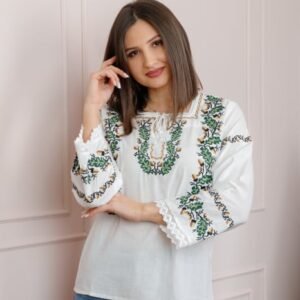 Bluza alba cu motiv floral verde Teodora
