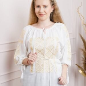 Bluza alba cu motiv geometric auriu Ines 03