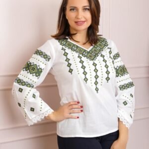 Bluza alba cu motiv geometric verde Doina 01