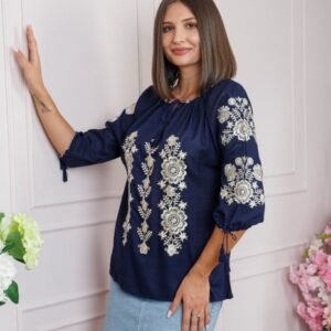 Bluza albastra cu motiv floral auriu Andrada 04