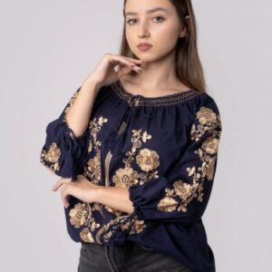 Bluza albastra cu motiv floral auriu Hortensia