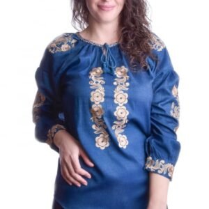 Bluza albastra cu motiv floral auriu Iasmina 06