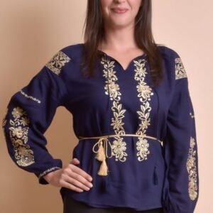 Bluza albastra cu motiv floral auriu Otilia 02