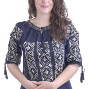 Bluza albastra cu motiv geometric crem Elvira 01