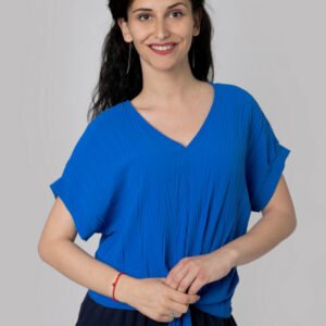 Bluza albastru regal casual cu aspect texturat si nod in talie
