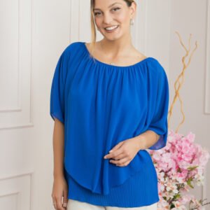 Bluza albastru regal din voal cu maiou plisat