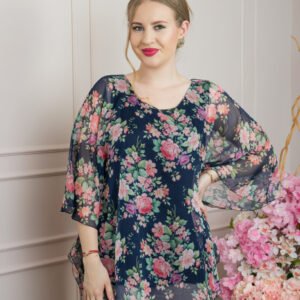 Bluza bleumarin din voal cu imprimeu floral si maneci fluture