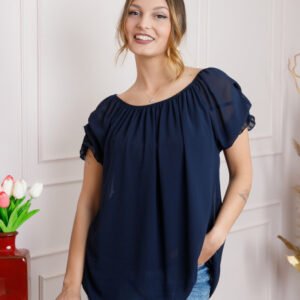 Bluza bleumarin din voal cu maneci bufante