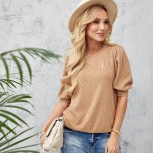 Bluza camel tricotata cu maneca scurta