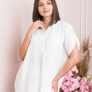 Bluza casual Athena cu guler stil tunica si insertii argintii - Alb