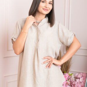 Bluza casual Athena cu guler stil tunica si insertii argintii - Bej