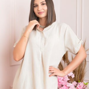 Bluza casual Athena cu guler stil tunica si insertii argintii - Ecru