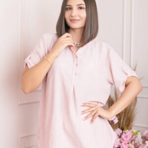 Bluza casual Athena cu guler stil tunica si insertii argintii - Roz pudrat