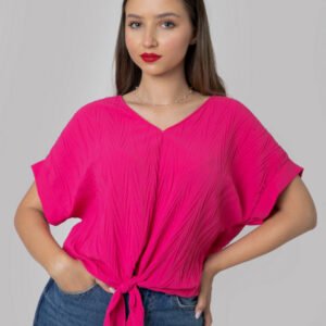 Bluza ciclam casual cu aspect texturat si nod in talie