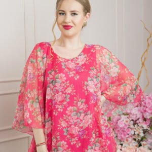 Bluza ciclam din voal cu imprimeu floral si maneci fluture