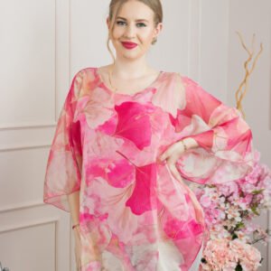 Bluza ciclam din voal cu maneci largi si imprimeu floral