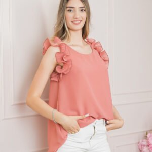 Bluza coniac din voal cu volane la umeri