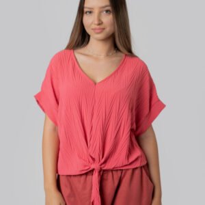 Bluza corai casual cu aspect texturat si nod in talie