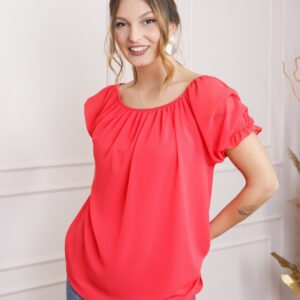 Bluza corai din voal cu maneci bufante
