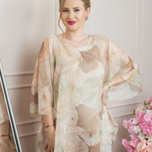 Bluza crem din voal cu maneci largi si imprimeu floral
