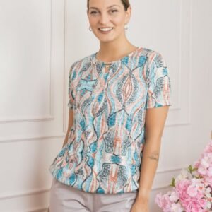 Bluza cu imprimeu abstract turcoaz si detaliu metalic