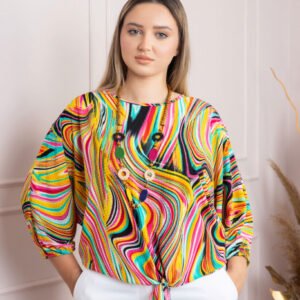 Bluza cu imprimeu curcubeu galben si colier decorativ