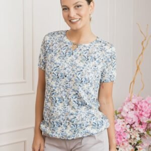 Bluza cu imprimeu floral albastru pastel si detaliu metalic